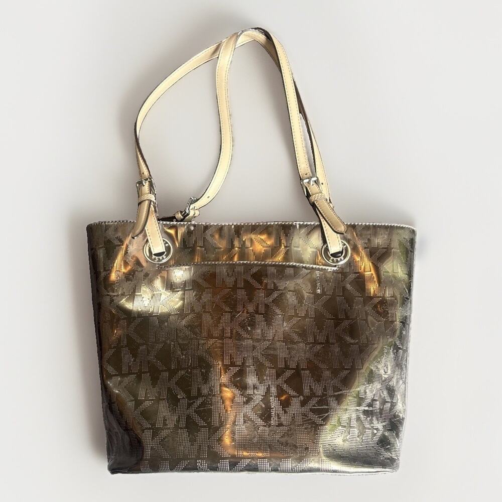 Michael Kors Women's Gold Monogram Logo Metallic Mirror Jet Set Tote Bag Medium